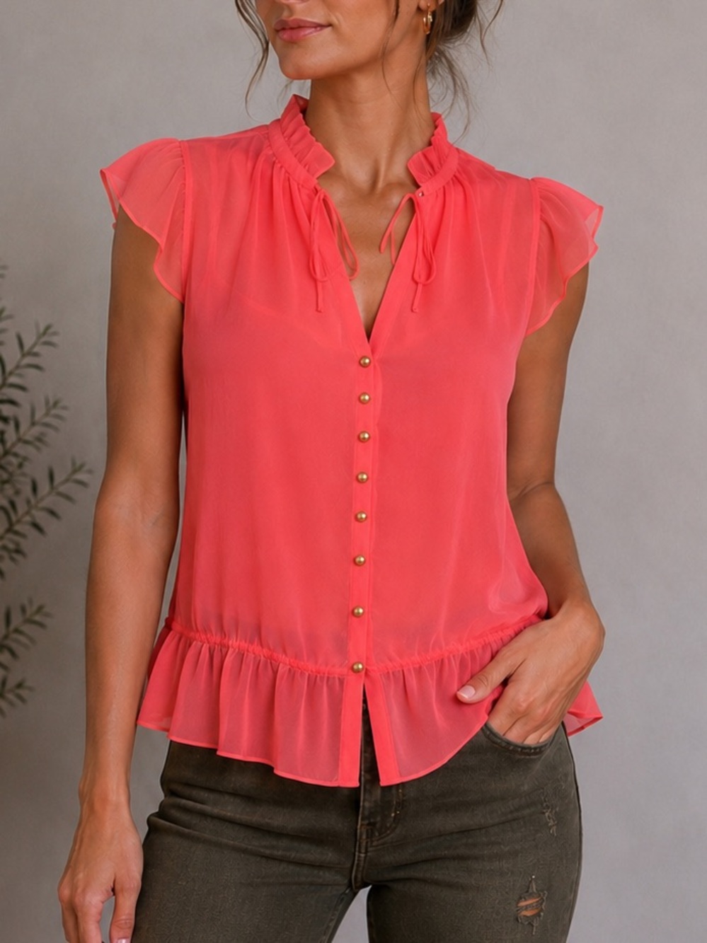 RAMPAGE SHEER RUFFLE BLOUSE TOP | BRIGHT CORAL PINK | GOLD BUTTONS | SIZE MED.